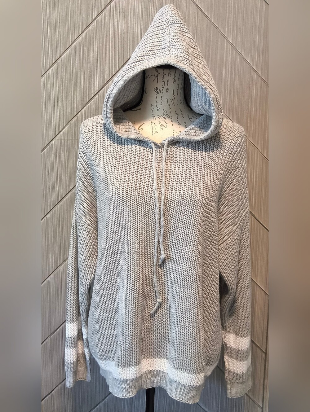 Time and Tru L Gray White Stripe Cotton Knit Hooded Sweater Coastal Preppy